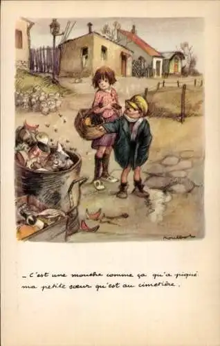Künstler Ak Poulbot, Francisque, Kinder, Mülltonne, Fliegen