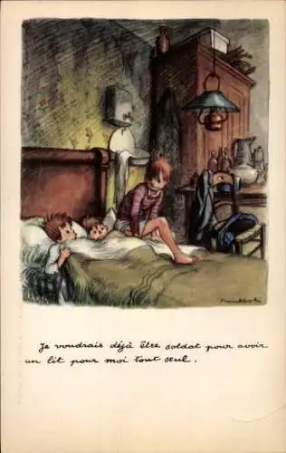Künstler Ak Poulbot, Kinder im Bett, Vor dem Schlafengehen