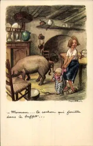Künstler Ak Poulbot, Francisque, Kinder und Schwein in einer Küche