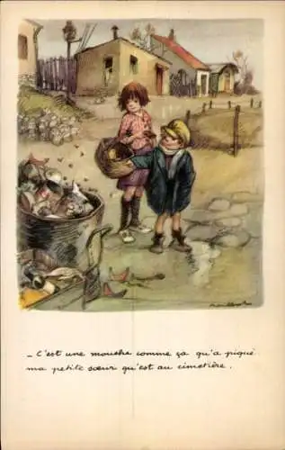 Künstler Ak Poulbot, Francisque, Kinder, Mülltonne, Fliegen