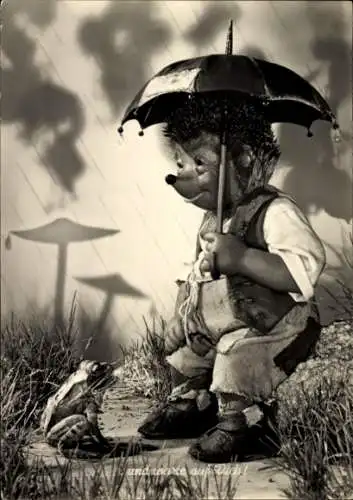 Ak Mecki der Igel, Und warte auf dich, Regen, Frosch, Regenschirm