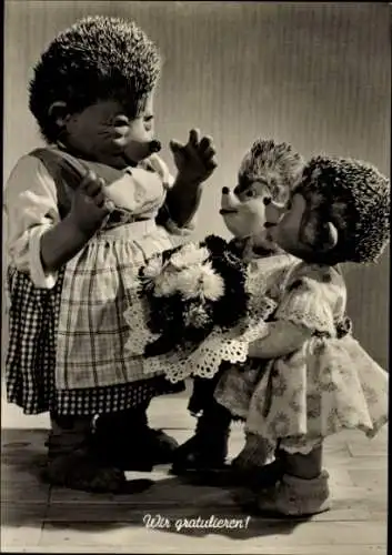 Ak Mecki der Igel, Wir gratulieren, Igelkinder, Igelfrau