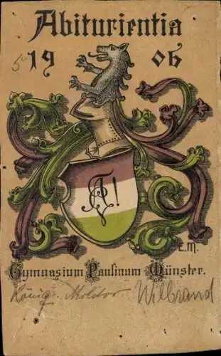 Studentika Künstler Ak Münster in Westfalen, Abiturientia 1906, Gymnasium Paulinum