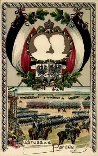 Präge Litho Gruß von der Kaiserparade, Deutsches Kaiserpaar