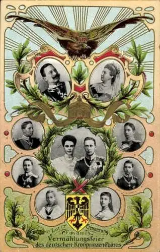 Wappen Ak Hochzeit Kronprinz Wilhelm von Preußen, Cecilie, Wilhelm II, Kaiserin Auguste Viktoria