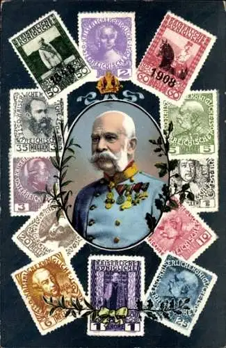 Briefmarken Ak Kaiser Franz Joseph I., Portrait, Uniform, Orden