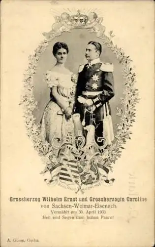 Ak Großherzog Wilhelm Ernst von Sachsen Weimar Eisenach, Prinzessin Caroline Reuss ä.L., Wappen