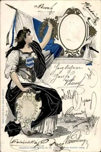 Präge Litho München, König Ludwig III. von Bayern, Portrait, Bavaria mit Fahne und Wappenschild