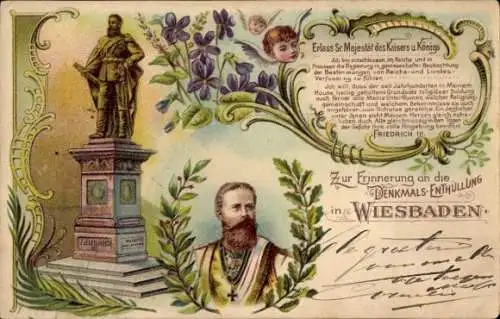 Litho Wiesbaden in Hessen, Denkmal Enthüllung, Portrait Kaiser Friedrich III