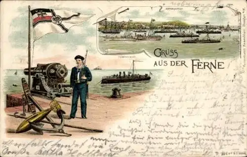 Litho Deutscher Marinesoldat hält Wache, Fahne, Schiffe, Kaiserliche Marine