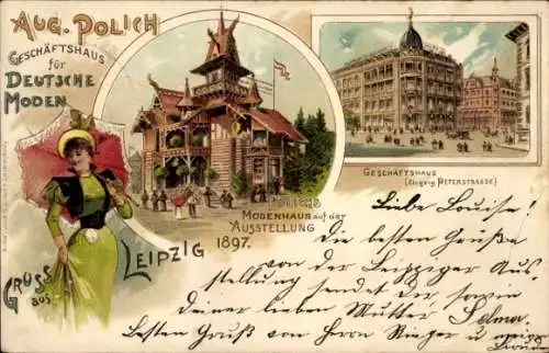 Litho Leipzig in Sachsen, Industrie und Gewerbeausstellung 1897, Modenhaus, Geschäftshaus