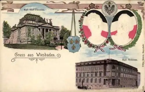 Litho Wiesbaden in Hessen, Königliches Schloss, Hoftheater, Portrait, Königspaar, Wappen