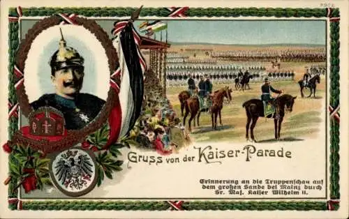 Ak Kaiser-Parade, Sande bei Mainz, Deutsche Soldaten, Kaiser Wilhelm II., Wappen