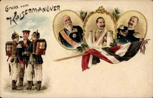 Litho Kaisermanöver, Kaiser Wilhelm II., König Wilhelm II. von Württemberg, Friedrich I. von Baden