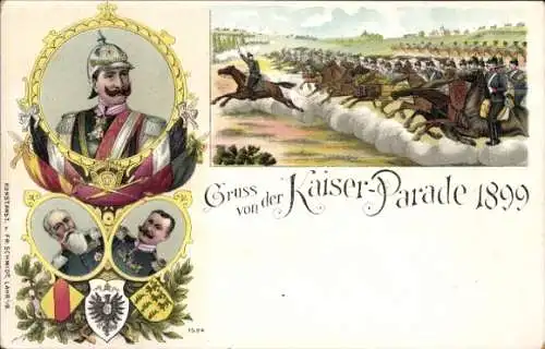 Litho Kaiserparade, Kaiser Wilhelm II., König Wilhelm II. von Württemberg, Friedrich I. von Baden