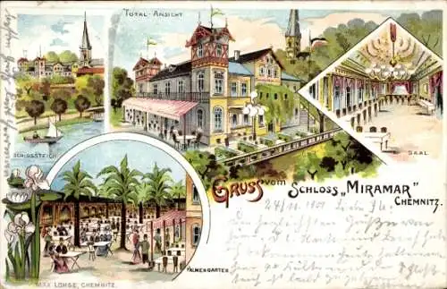 Litho Chemnitz in Sachsen, Schloss Miramar, Saal, Schlossteich