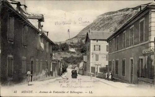 Ak Mende Lozère, Chateau de Tron, Avenues de Fontanilles et Bellesagnes, hügelige Landschaft