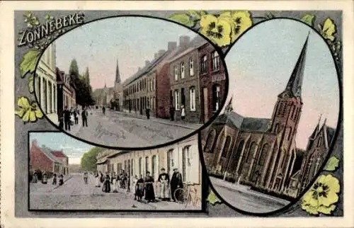 Ak Zonnebeke Zonnebeeke Zonnebecke Westflandern, Verschiedene Ansichten von  Kirche, Straße, bunt