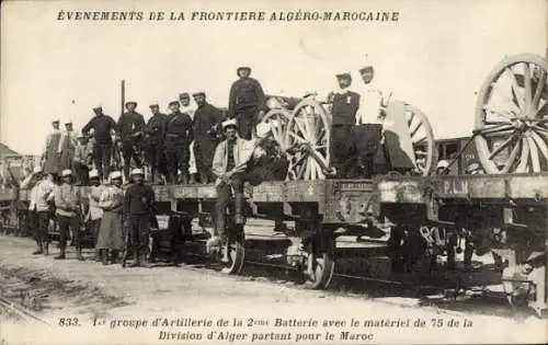 CPA 1er groupe d'Artillerie de la 2eme Batterie avec le matériel de 75 de la Division d'Alger