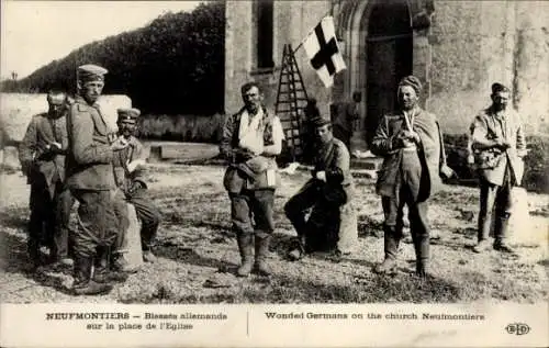 Ak Neufmoutiers Seine et Marne, Blesses allemands sur la place de l'Eglise, verwundete dt. Soldaten