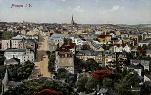 Ak Plauen Vogtland, Totalansicht, Kirchturm, Straße