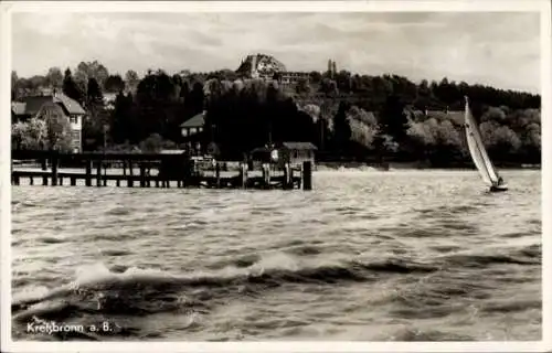 Ak Kressbronn am Bodensee, Teilansicht, Seebrücke, Segelboot