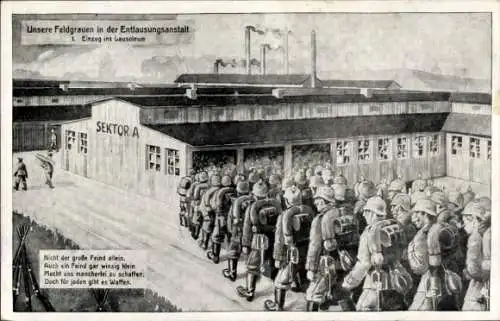 Ak Unsere Feldgrauen in der Entlausungsanstalt, Einzug ins Lausoleum, Deutsche Soldaten, I. WK