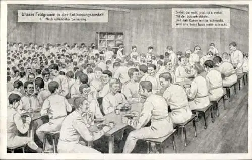 Künstler Ak Unsere Feldgrauen in der Entlausungsanstalt, nach vollendeter Sanierung