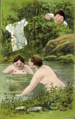 Künstler Ak Huber, Mann beobachtet zwei nackte Frauen im Fluss