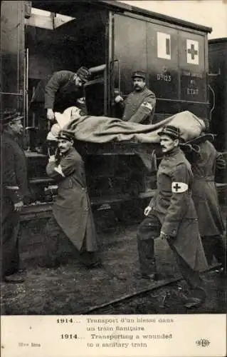 Ak Transport d'un blessé dans un train Sanitaire, französisches Rotes Kreuz, 1914