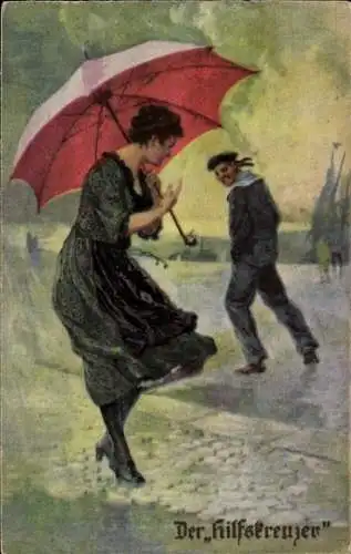 Künstler Ak Der Hilfskreuzer, Matrose, Frau mit Schirm
