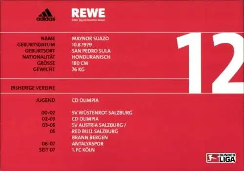 Autogrammkarte Fußballer Maynor Suazo, 1. FC Köln, Autogramm