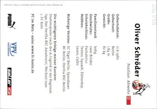 Autogrammkarte Fußballer Oliver Schröder, 1. FC Köln, Autogramm