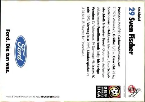 Autogrammkarte Fußballer Sven Fischer, 1. FC Köln, Autogramm