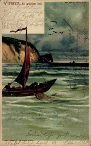 Halt gegen das Licht Litho Vineta, die versunkene Stadt in der Ostsee, Fischerboot