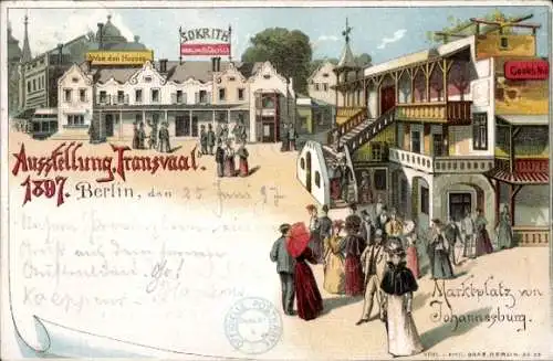 Ak Berlin Charlottenburg, Bahnhof Zoo, Ausstellung in Transvaal 1897, Menschen auf dem Marktplatz