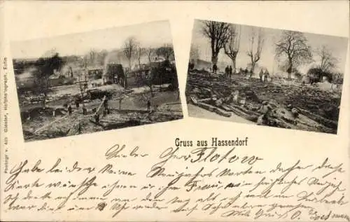 Ak Hassendorf Bosau in Holstein, Zwei alte Fotografien, Menschen bei Arbeiten, Ruinen, Landschaft