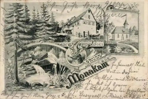 Ak Monakam Bad Liebenzell im Schwarzwald, Alpenlandschaft, Gaststätte, Fluss, Hirsch, Wald, Kirch