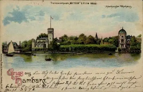Ak Hamburg Nord Uhlenhorst, Uhlenhorster Fahnhaus, Hafenansicht, Segelboot, Landschaft, Gruss aus