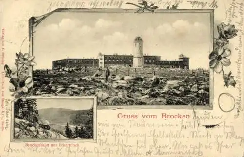 Ak Brocken im Harz, Historisches Gebäude, Brockenbahn, Landschaft, Blumenrahmen, Gruss vom Brocke