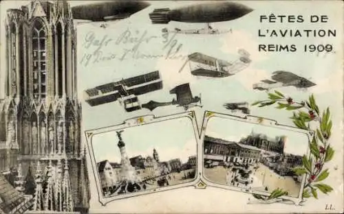 Ak Reims Marne, Feste der Luftfahrt, Grafiken von Luftschiffen und Flugzeugen
