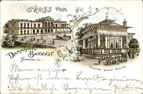 Litho Hamburg Eimsbüttel Rotherbaum, Dammtor Bahnhof Pavillon, Pferdekutsche