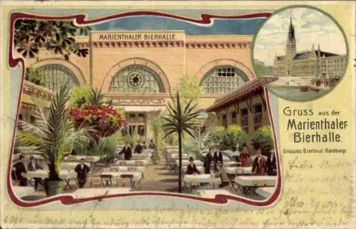 Litho Hamburg Mitte Altstadt, Marienthaler Bierhalle, Terrasse, Rathaus