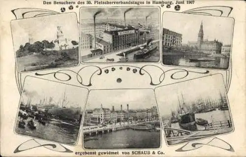 Ak Hamburg Mitte Altstadt, Verschiedene Motive, Fleischerverbandstag,  Juni 1907, SCHAUB & Co.