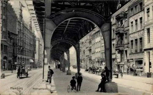 Ak Hamburg Altstadt, Rödingsmarkt mit Bahngleisen und Kutsche, Hochbahn
