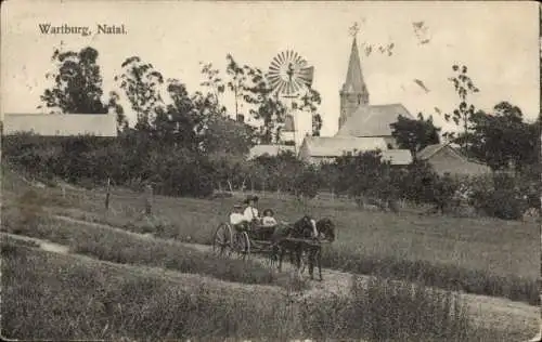 Ak KwaZulu Natal Südafrika, Pferdewagen, Haus, Kirche, Windrad, Landschaft