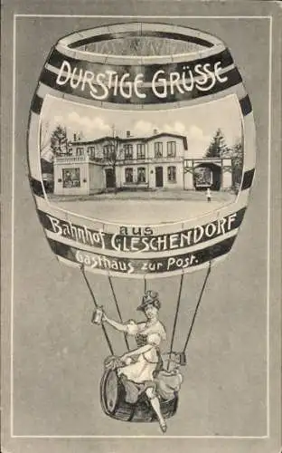 Passepartout Ak Gleschendorf Scharbeutz Ostholstein, Gasthaus zur Post, Ballon, Bierfass