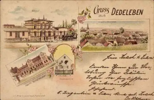 Litho Dedeleben Huy im Harz, Bahnhof, Gasthof Herm. Nordhausen, Kriegerdenkmal, Panorama