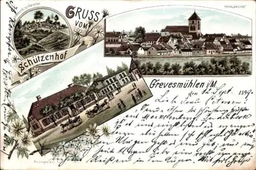 Litho Grevesmühlen in Mecklenburg, Schützenhof, Gesamtansicht, Kirche, Brücke