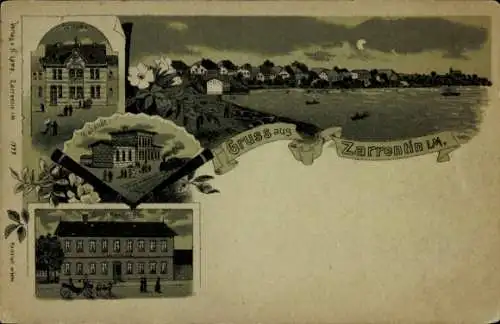 Mondschein Litho Zarrentin am Schaalsee, Gesamtansicht, Postamt, Bahnhof, Gasthaus Stadt Hamburg